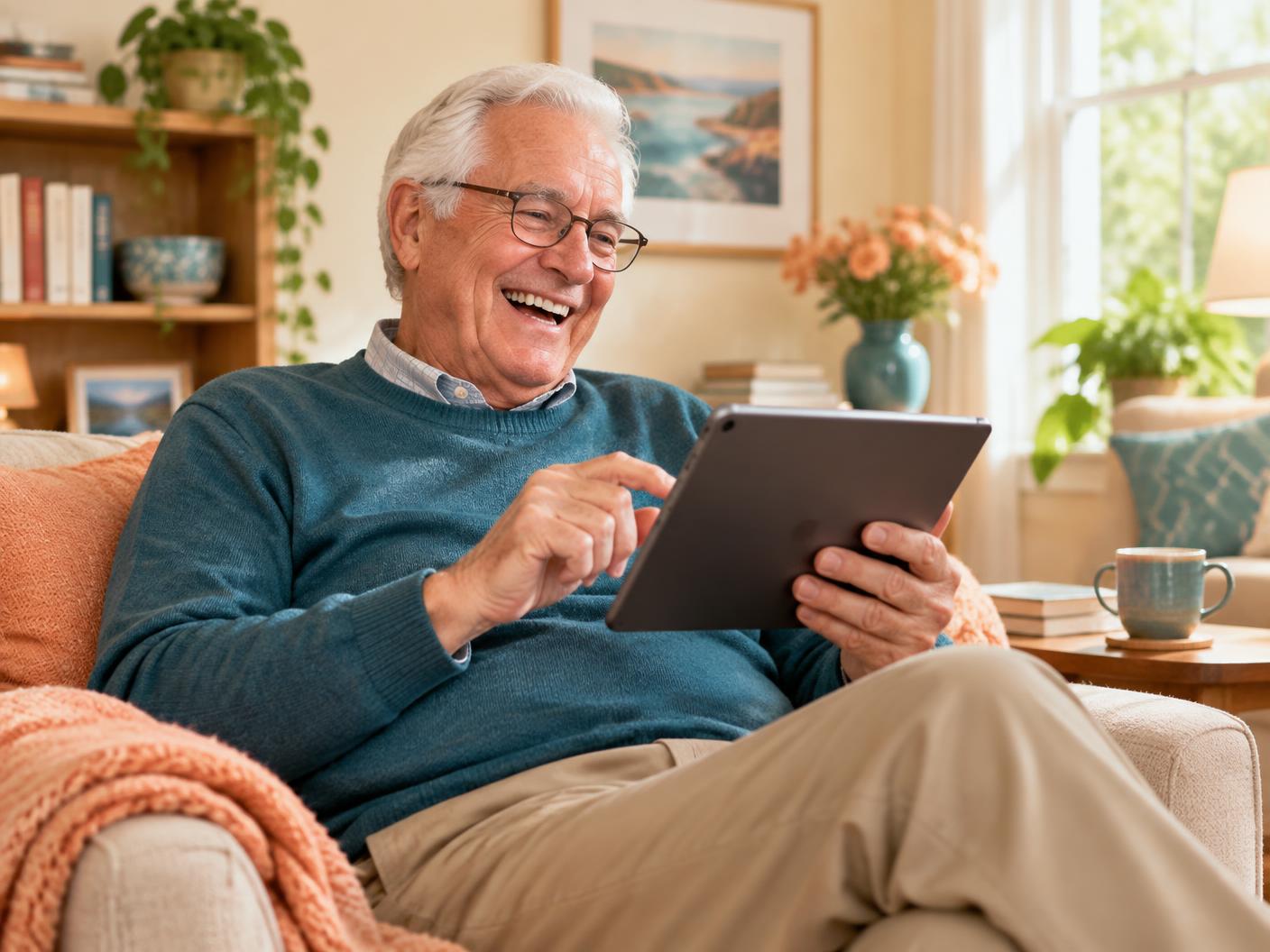 Un aîné rit en profitant d’une activité sur sa tablette